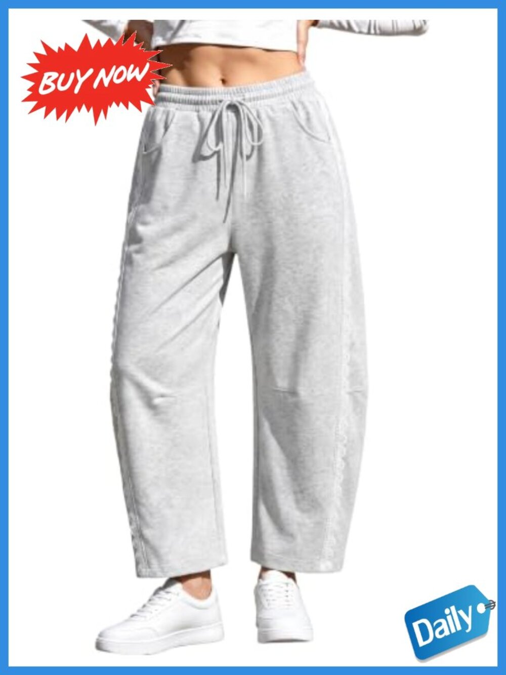 Womens Barrel Sweatpants Elastic Waist Side Lace Wide Leg Cotton Blend